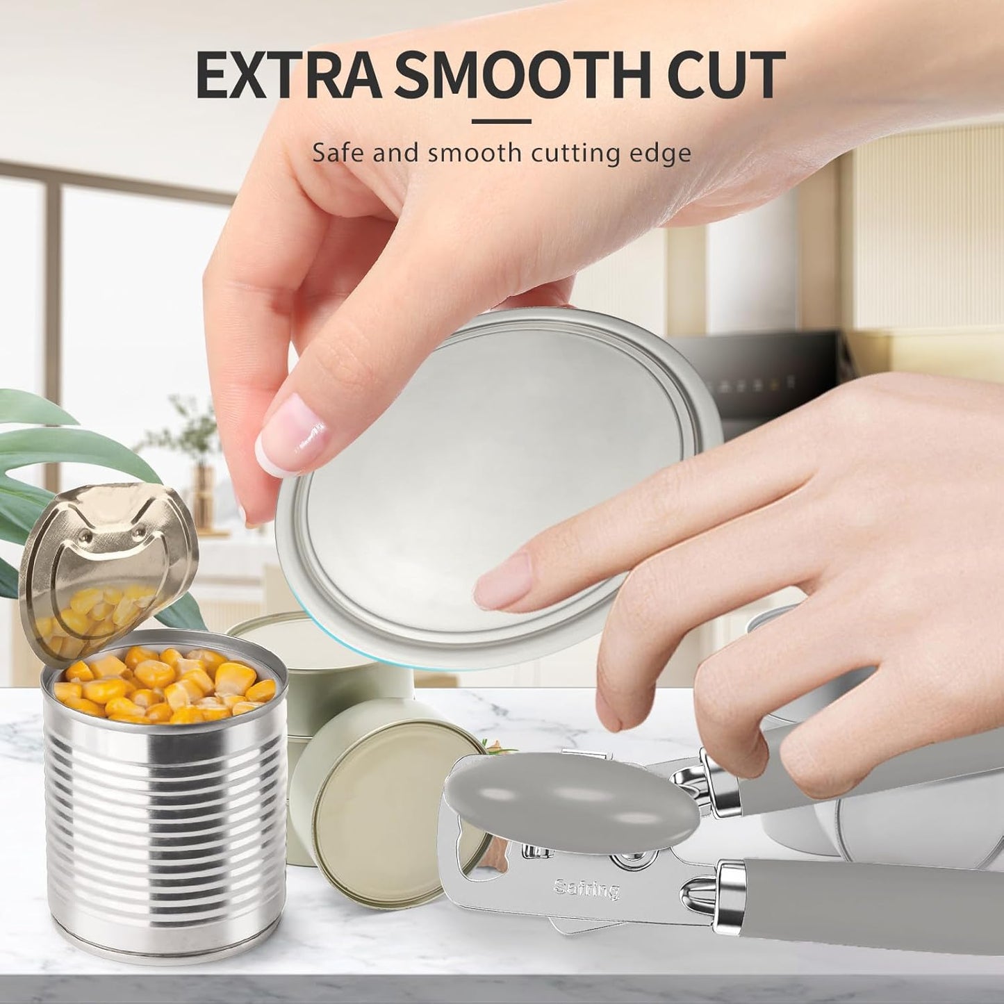 Safring Can Opener Manual, Heavy Duty Stainless Steel Smooth Edge Can Openers With Soft Touch Handle, Oversized Handheld Easy Turn Knob, Multi-Function Bottle Opener, Black