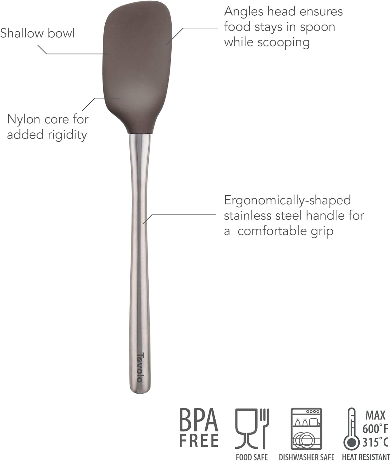 Tovolo Flex Core Silicone Spatula Spoonula Set of 2 for Non Stick Cast Iron Cooking & Baking, Dishwasher Safe Heat Resistant BPA Free Long Stainless Steel Handle Kitchen Utensil, Charcoal Gray
