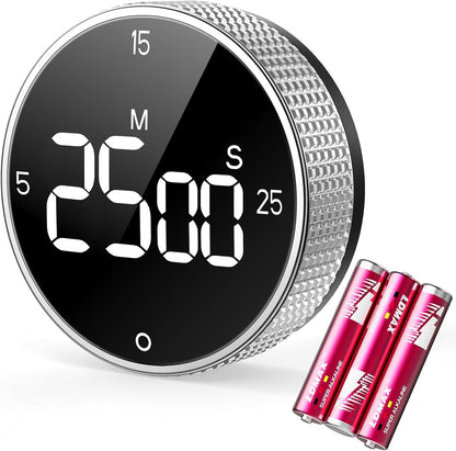 Digital Magnetic Kitchen Timer for Cooking, Large LED Visual Countdown Timer, Rotating Dial Pomodoro Focus Timer, Adjustable Volume, 5/15/25 Min Presets for Kids, Teachers, Seniors