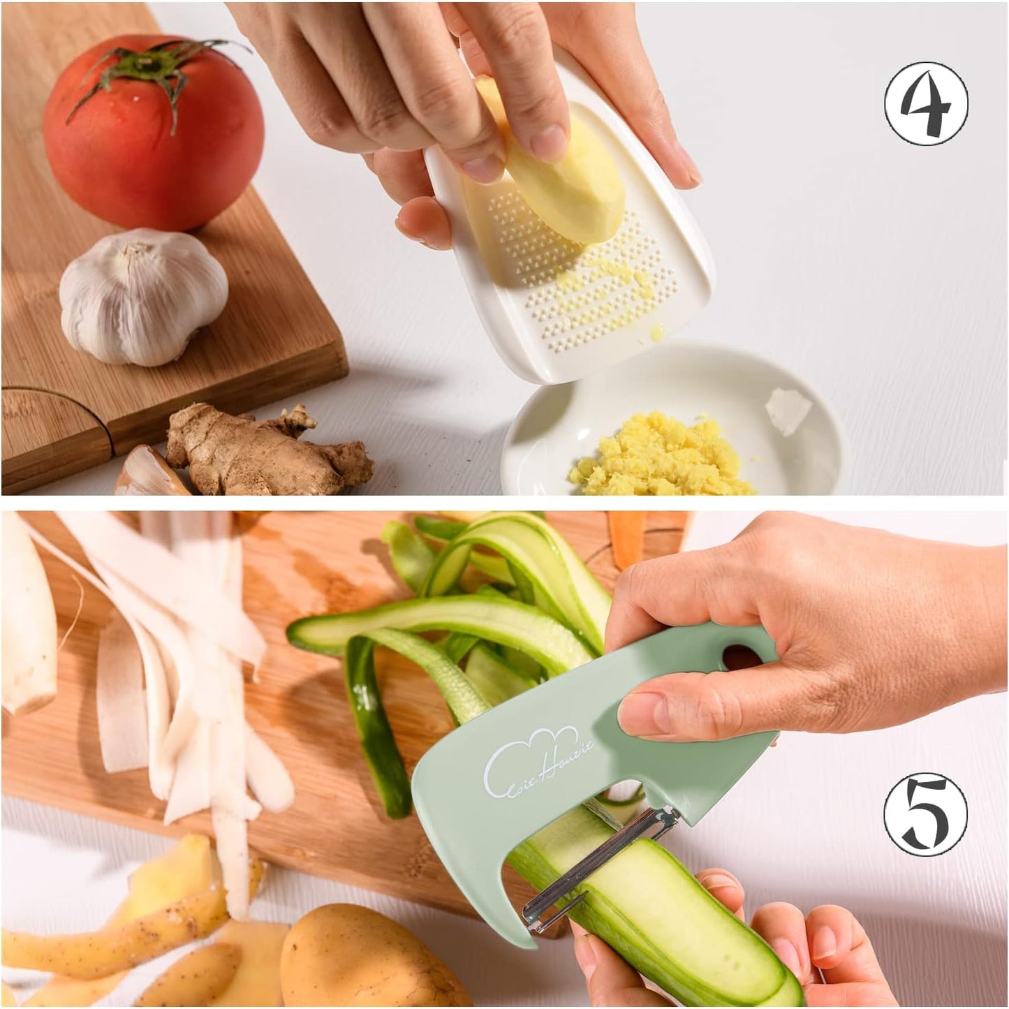 Kitchen Gadgets Set 5 Pieces, Space Saving Cooking Tools Kitchen Accessories - Fruit/Vegetable Peeler, Cheese/Chocolate Grater, Bottle Opener, Pizza Cutter, Garlic/Ginger Grinder Gift Set (Black)