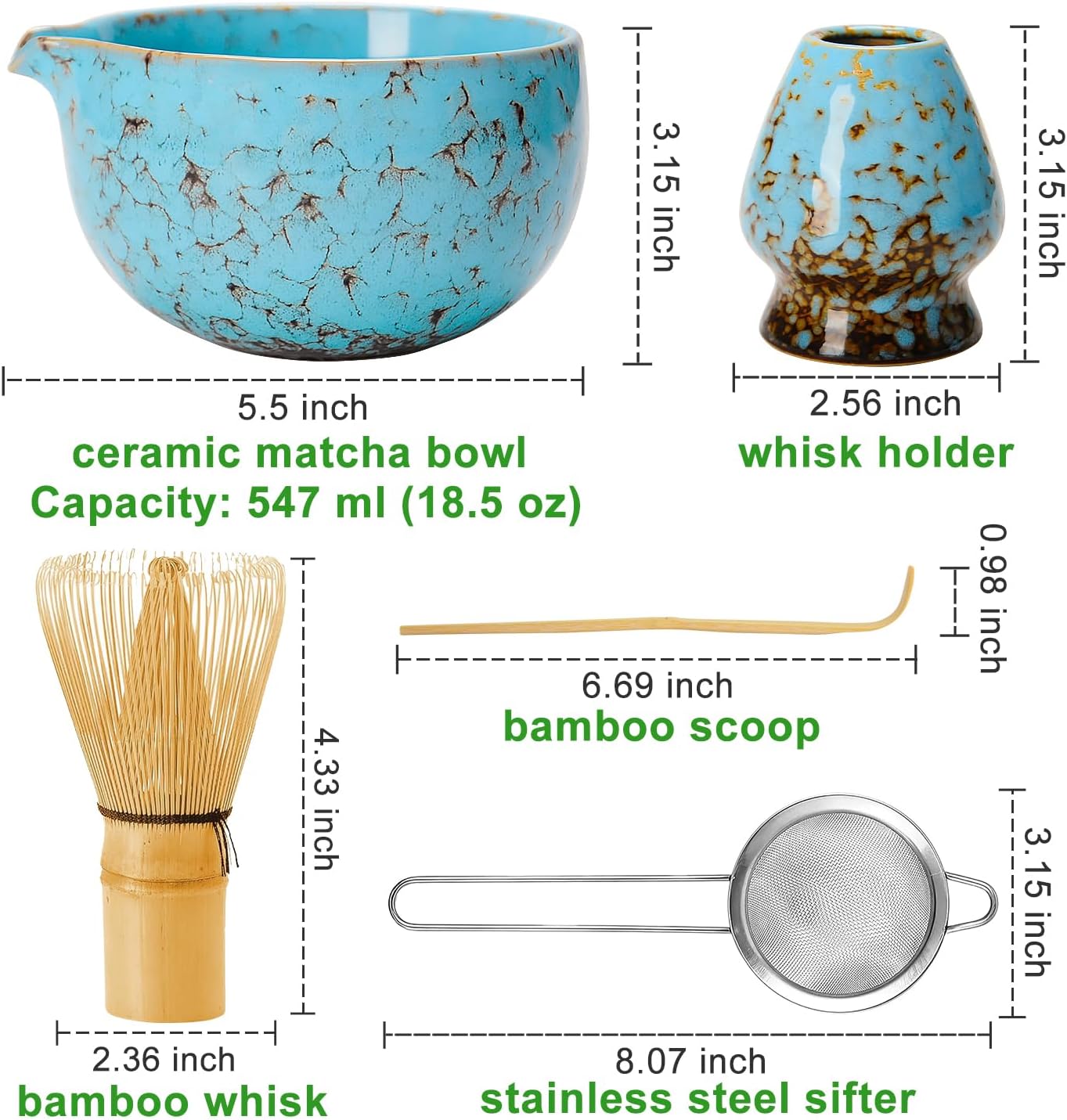 Matcha Whisk Set Ceramic Bowl Kit with Spout, Bamboo Chasen and Holder, Scoop Rest,Sifter Tea Towel Ceremonial Cute Matcha Tea Making Tool,Gift Perfect for Latte Lovers | Beginners,7pcs