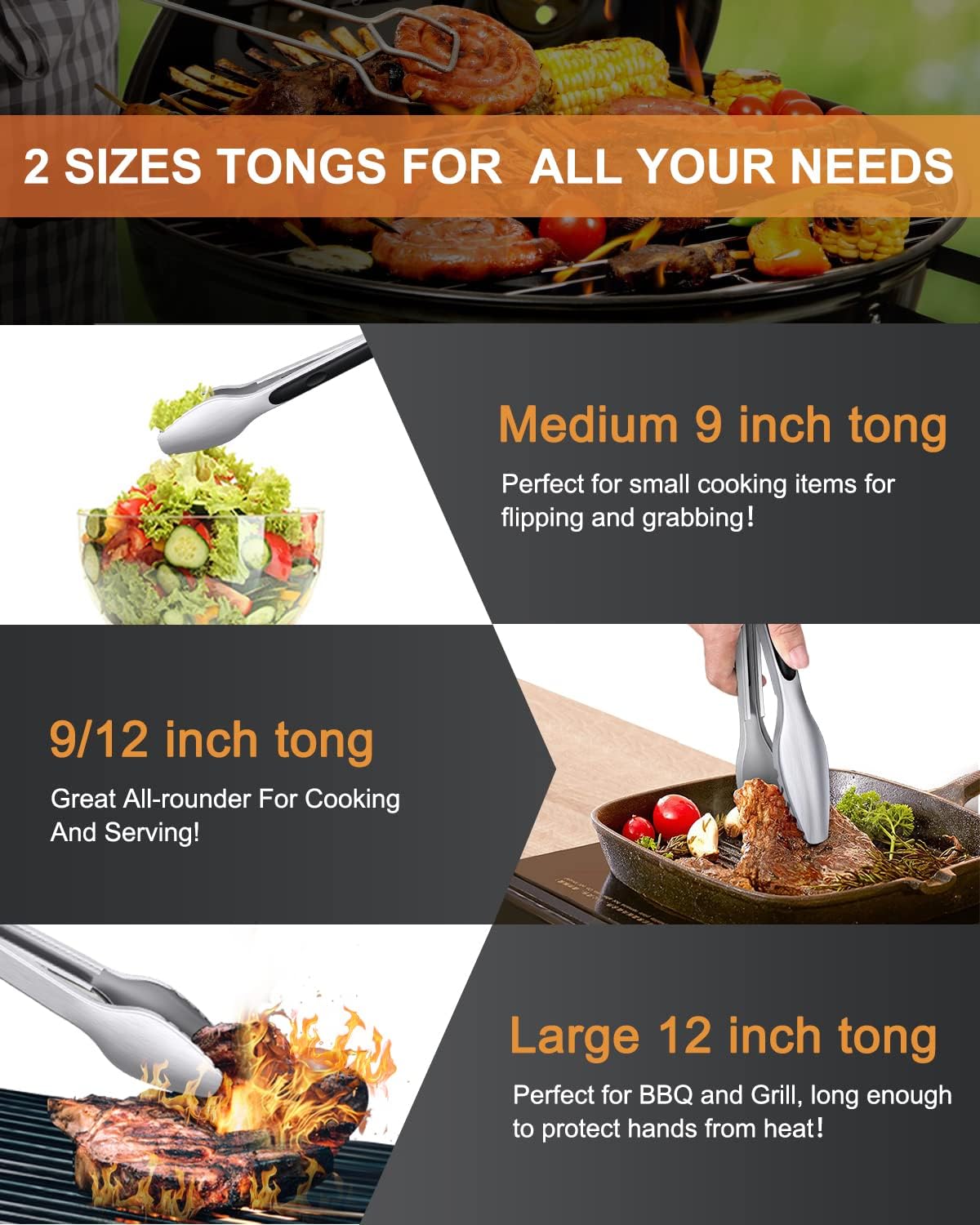 600ºF Heat Resistant Kitchen Tongs, Premium Locking Cooking Tongs with Silicone Tips, Non-Slip Food Tongs for Cooking, Non-Stick, Heavy Duty Stainless Steel Handle, Set of 3-7" 9" and 12" Black