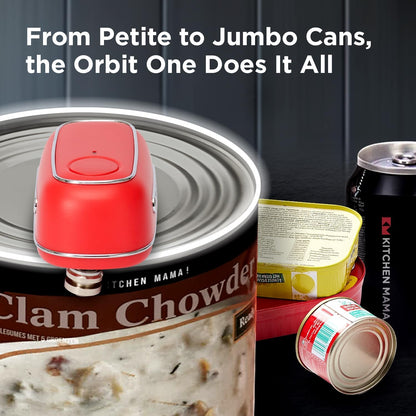 Kitchen Mama Orbit One Rechargeable Electric Can Opener: Hands-free, USB-C Charging, Automatic Stop, Smooth Edge, Safety, Blade for Large Cans, Heavy Duty, Soda and Pop Can, with Storage Box (White)