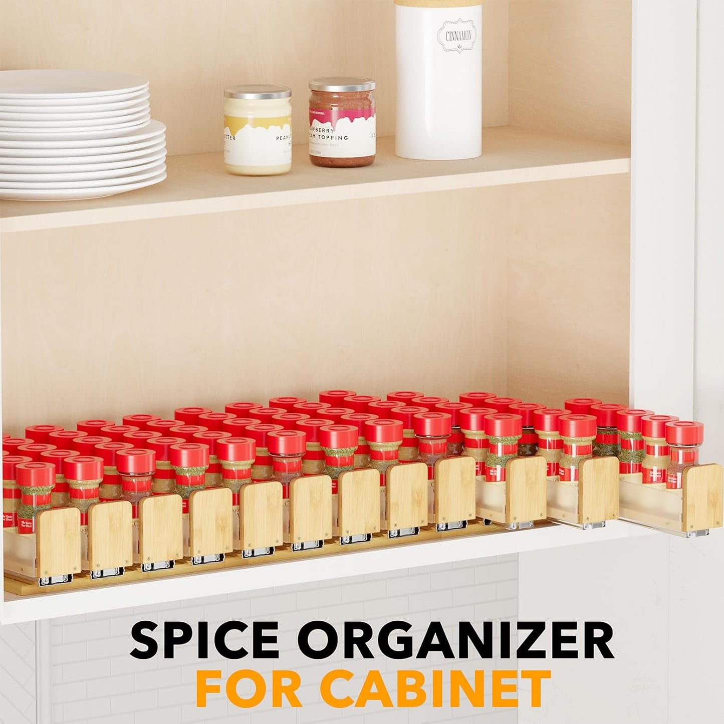 SpaceAid Bamboo Pull Out Spice Rack Organizer for Cabinet, Heavy Duty Slide Out Seasoning Kitchen Pantry Sliding Vertical Organization, 7.6" Wide, 3 Drawers(2" Wide), 2-Tier, Natural