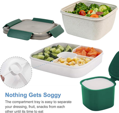 Freshmage Salad Lunch Container To Go, 52-oz Salad Bowls with 3 Compartments, Salad Dressings Container for Salad Toppings, Snacks, Men, Women (Blue)