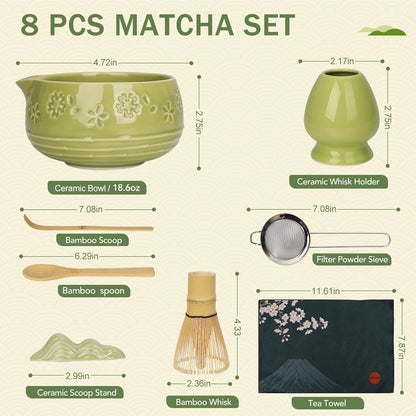Matcha Whisk Set, Ceramic Matcha Set with Bowl, Chasen Holder, Scoop Rest, Sifter, 8-Pcs Japanese Ceremony Matcha Kit–Matcha Lovers Gift for Women Mom Girl Friend-Matcha Green