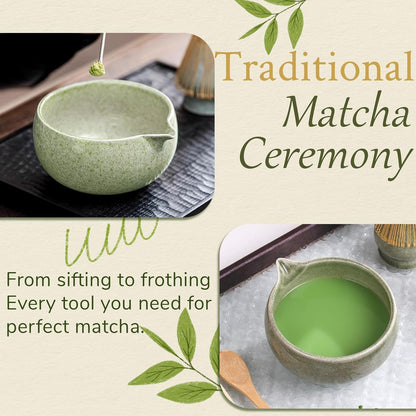 8 Pcs Matcha Whisk Set Chasen Matcha Whisk Bamboo Bowl with Spout Sifter Spoon Scoop Whisk Holder Bamboo Mat Complete Matcha Making Kit (Red Petal)