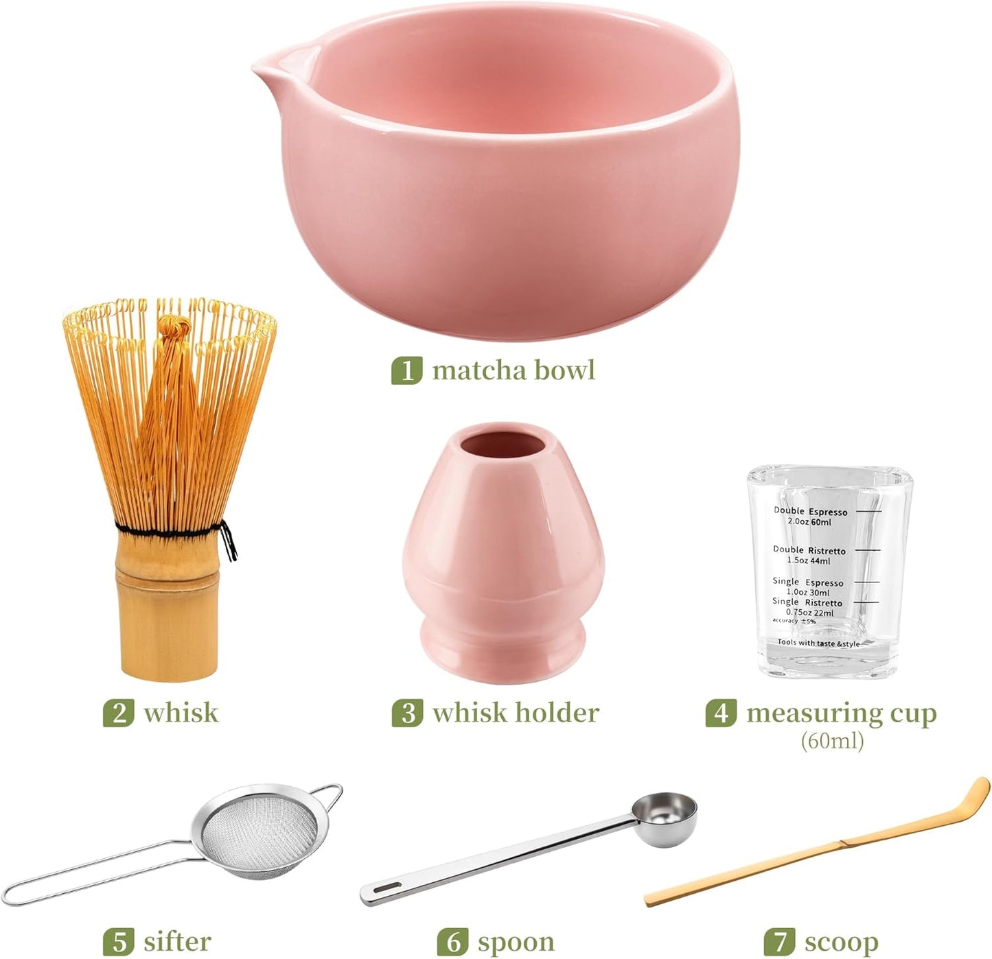 YIBO Matcha Whisk Set With Bowl, Ceramic Matcha Making Kit Includes Bamboo Whisk (Chasen), Holder Stand, Powder Starter Sifter, Scoop, Measuring Spoon & Cup Tea Tools For Ceremony (Mottled Green)