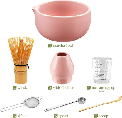 YIBO Matcha Whisk Set With Bowl, Ceramic Matcha Making Kit Includes Bamboo Whisk (Chasen), Holder Stand, Powder Starter Sifter, Scoop, Measuring Spoon & Cup Tea Tools For Ceremony (Mottled Green)