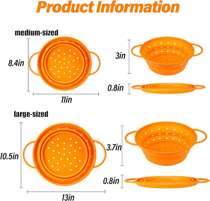 2 Pack Strainers and Colanders, Silicone Collapsible Sink Collander, Strainers and Colanders for Kitchen, Large Drainer for Vegetable, Food, Pasta (Orange)