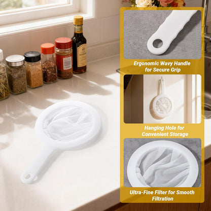 Ultra Fine Mesh Strainer with Handle, 200 Mesh, Plastic Juice Strainer, Small Colander for Kitchen, Nylon Fine Sieve for Soy/Nut Milk, Yogurt, Coffee, Honey, Wine, Food, Tea Leaf Filter