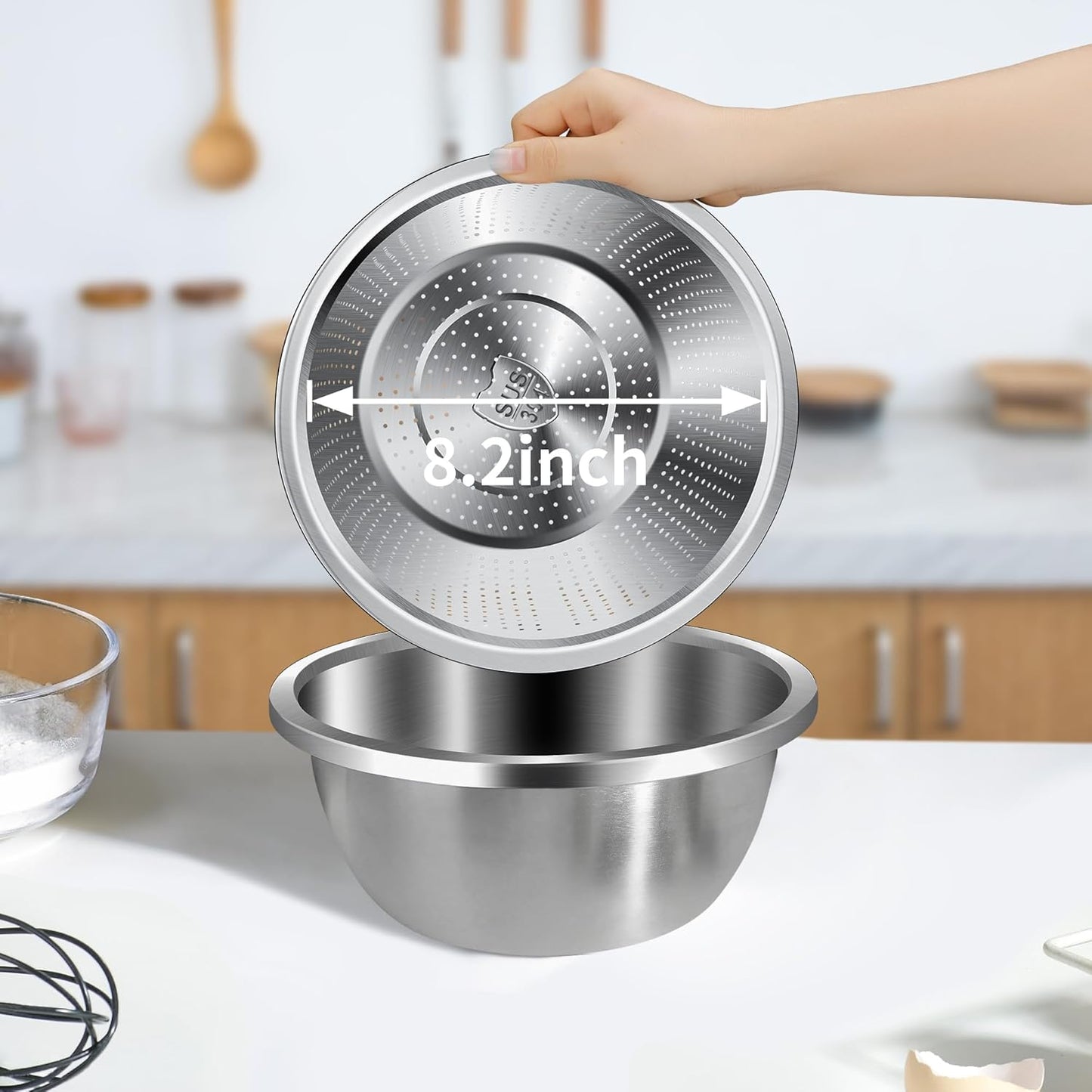 Colander 304 Stainless Steel 3-quart with Mixing Bowls, Strainer for Kitchen Food For washing vegetables, fruit, rice, Dishwasher Safe. (2PC)