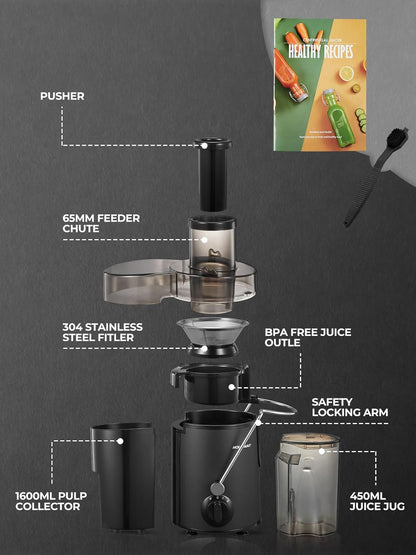 Juicer Machines, HOUSNAT Juicer Whole Fruit and Vegetables with 3-Speed Setting, 400 W Motor Quick Juicing Ideal for Beginners & Light Daily Use, Cleaning Brush and Juicing Recipe Included
