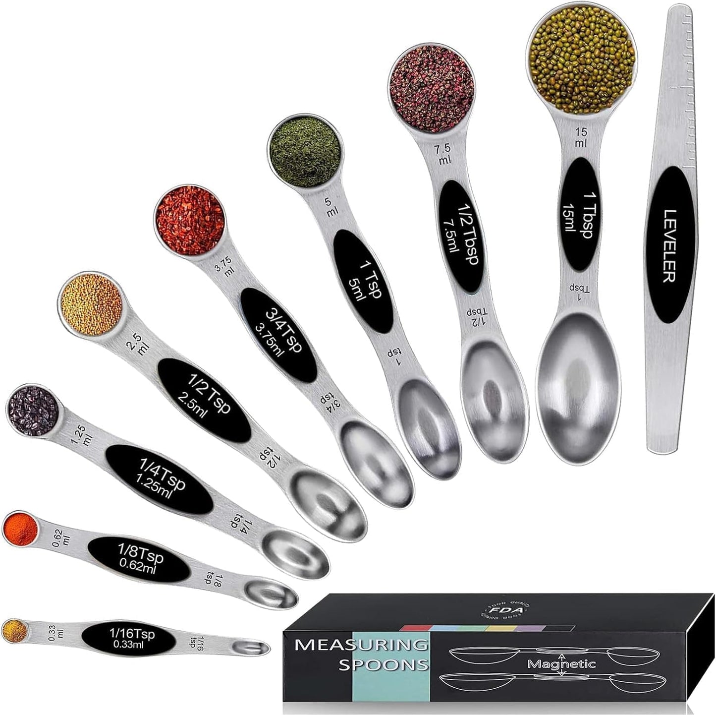 Magnetic Measuring Spoons Set,Heavy Duty Stainless Steel,Dual Sided Stackable Measuring Spoons Nesting Teaspoons Tablespoons for Measuring Dry and Liquid Ingredients,Set of 9 (Black)