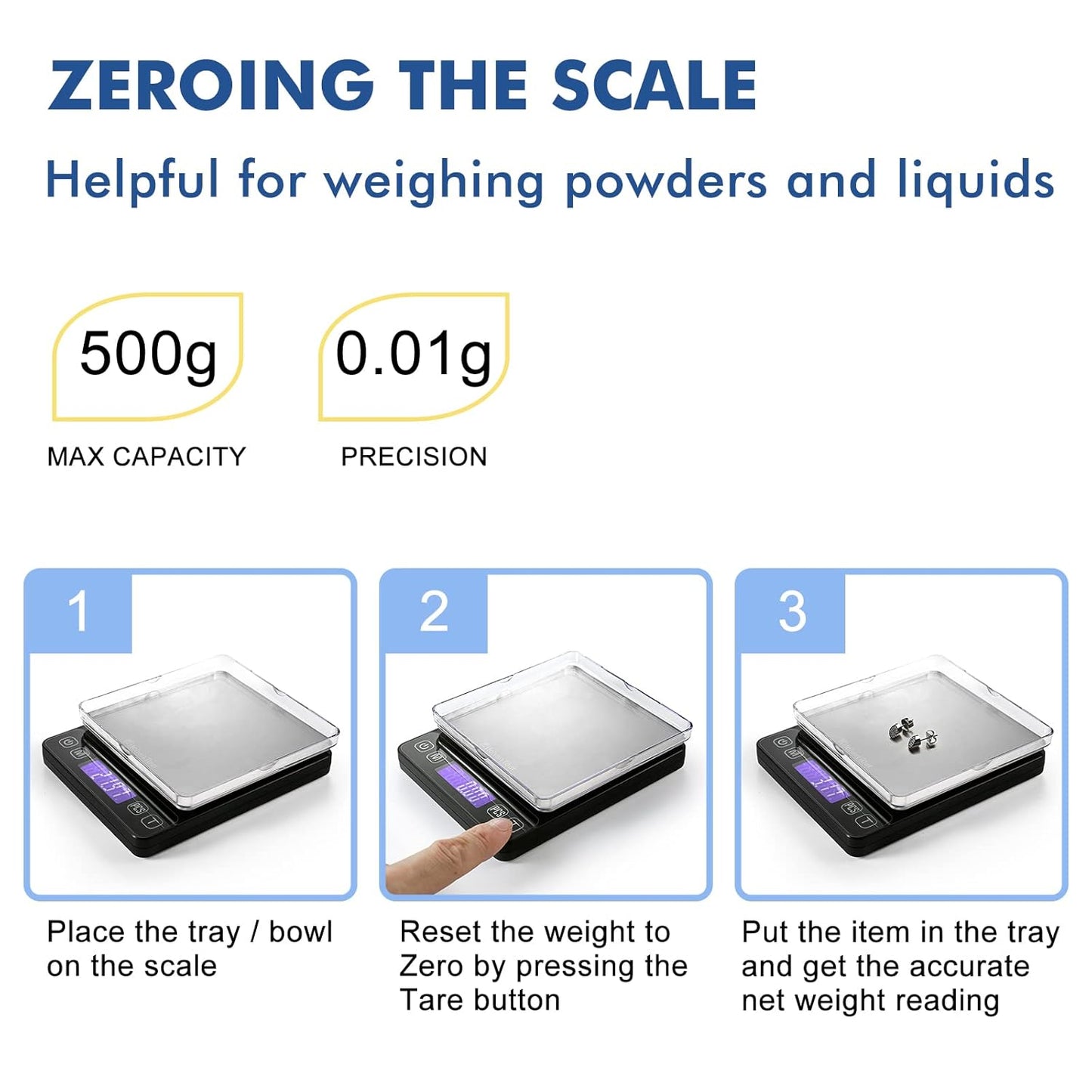 KitchenTour Digital Kitchen Gram Scale - 500g/0.01g - High Accuracy Precision Food Scale - Meat Scale with Back-Lit LCD Display(Batteries Included)-Black