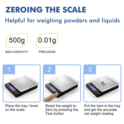 KitchenTour Digital Kitchen Gram Scale - 500g/0.01g - High Accuracy Precision Food Scale - Meat Scale with Back-Lit LCD Display(Batteries Included)-Black