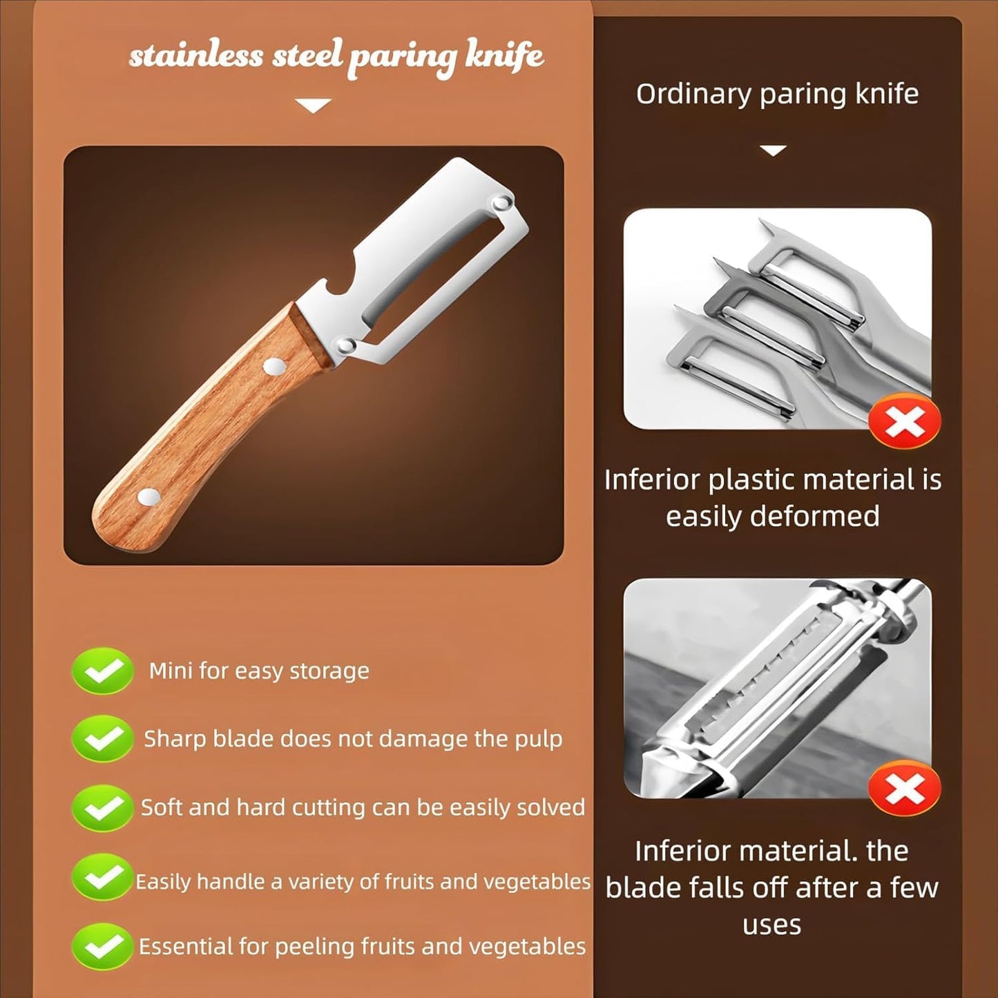 MultiFunctional Vegetable Peeler for Kitchen，Multifunctional Vegetable Peeler with Wooden Handle and Bottle Opener，2-in-1 Stainless Steel Kitchen Tool for Fruit Apple Potato Pumpkin Papaya (1)