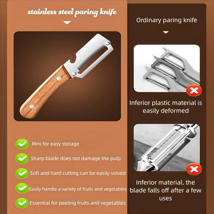 MultiFunctional Vegetable Peeler for Kitchen，Multifunctional Vegetable Peeler with Wooden Handle and Bottle Opener，2-in-1 Stainless Steel Kitchen Tool for Fruit Apple Potato Pumpkin Papaya (1)