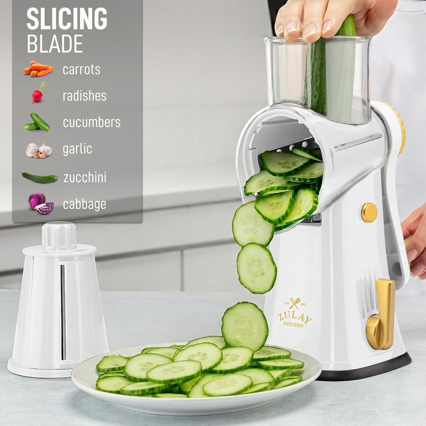Zulay Kitchen Rotary Cheese Grater 5 Blade Cheese Shredder - Manual Hand Crank Cheese Grater With Reinforced Suction & 5 Interchangeable Drums - Easy to Use, Vegetable Chopper Round Mandoline Slicer - Colors A