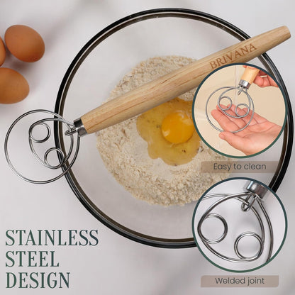 Danish Dough Whisk, Sourdough Bread Whisk with Wooden Handle, 13-Inch Stainless Steel Single Loop Dough Mixer for Bread Making, Pizza Dough, Batter and Pastry