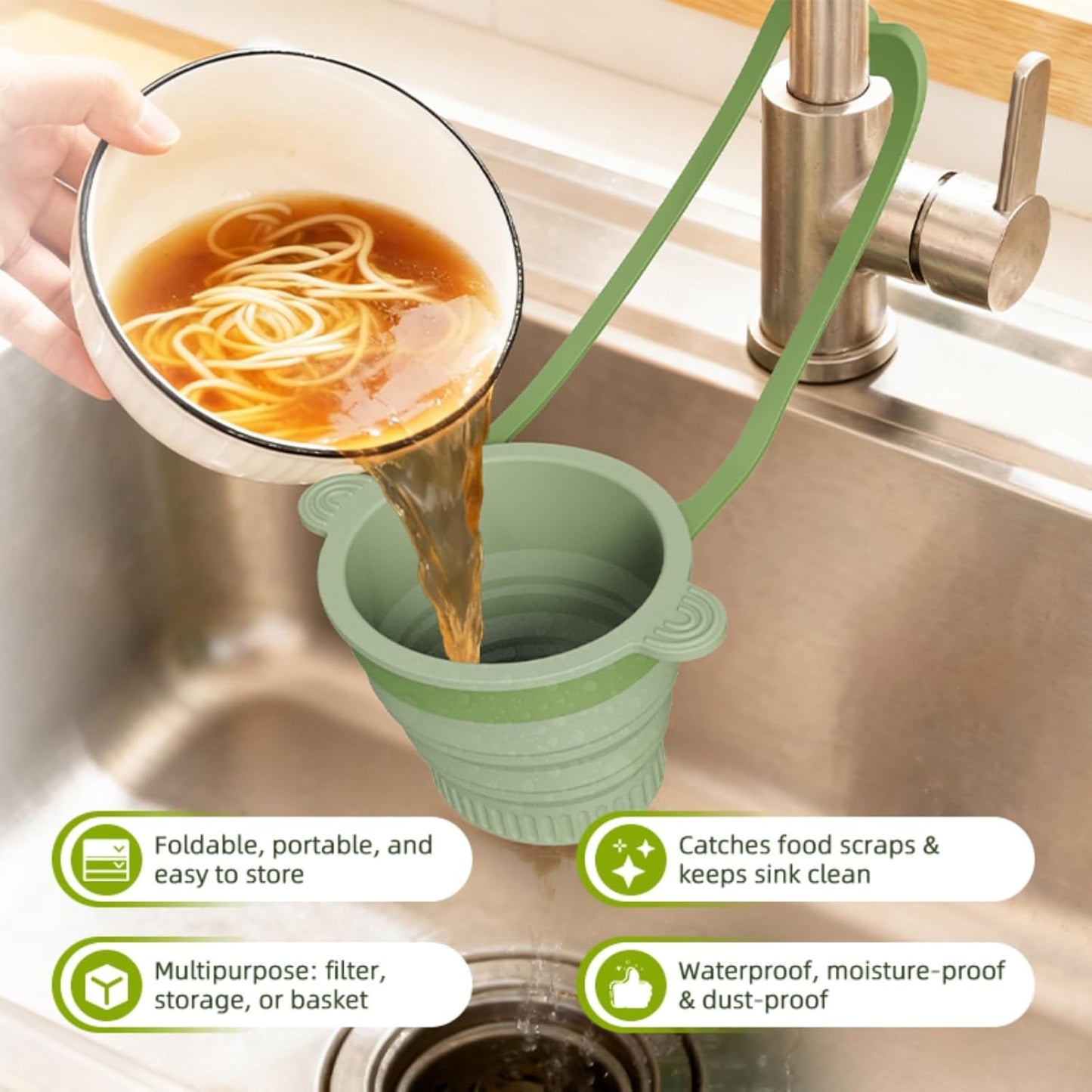Silicone Faucet Hanging Strainer, Collapsible & Foldable Drain Basket for Sink, Hanging Food Catcher with Faucet Clip, Easy Storage Vegetable Fruit Colander