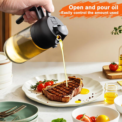 mqnxoi Oil Sprayer for Cooking, 2 in 1 Olive Oil Dispenser Bottle for Kitchen, 16oz/470ml Premium Glass, Food-grade Oil Mister for Air Fryer, Salad, Frying, BBQ (Black + Dark Green Bottle)