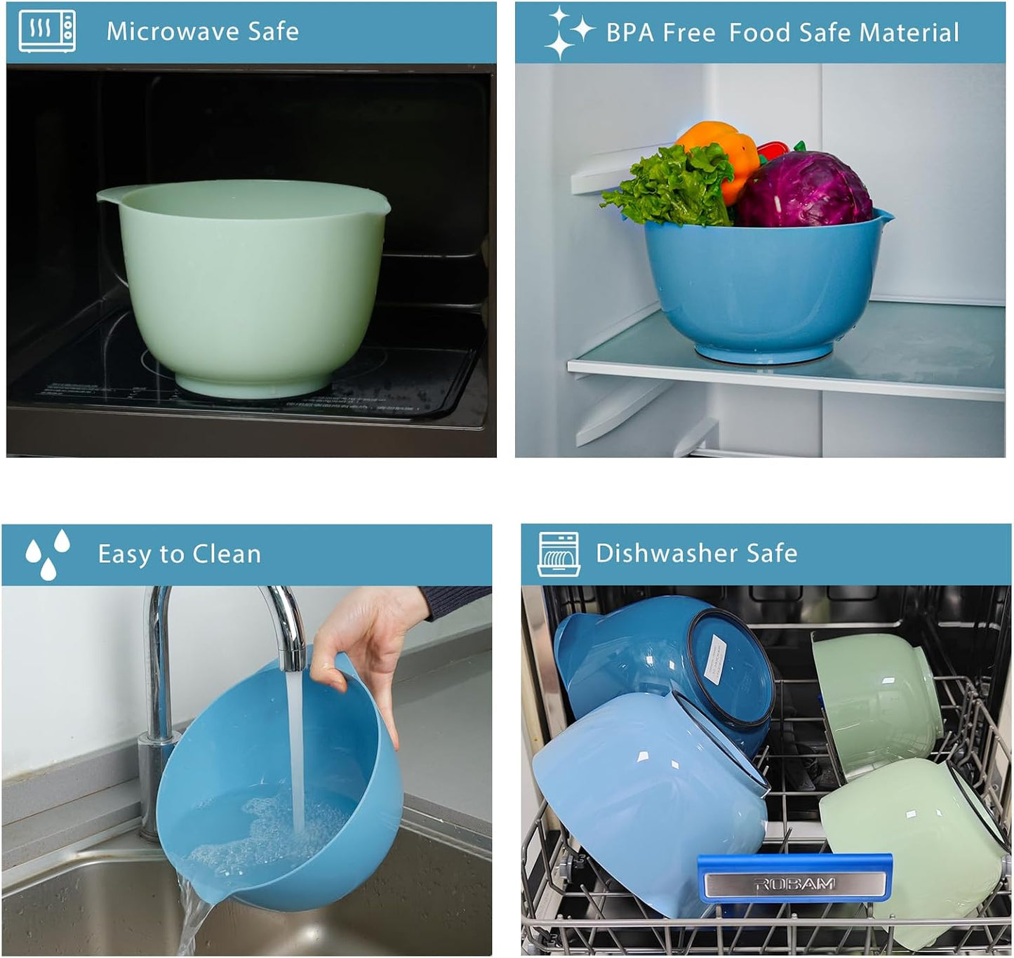 BoxedHome Green Ombre Nesting Plastic Mixing Bowl Set With Pour Spout, Microwave and Dishwasher Safe, BPA free Non-Slip Base, Set of 4 Size 1.7, 2.5, 3.5 and 4.5qt, Great for Prepping, Baking, Cooking