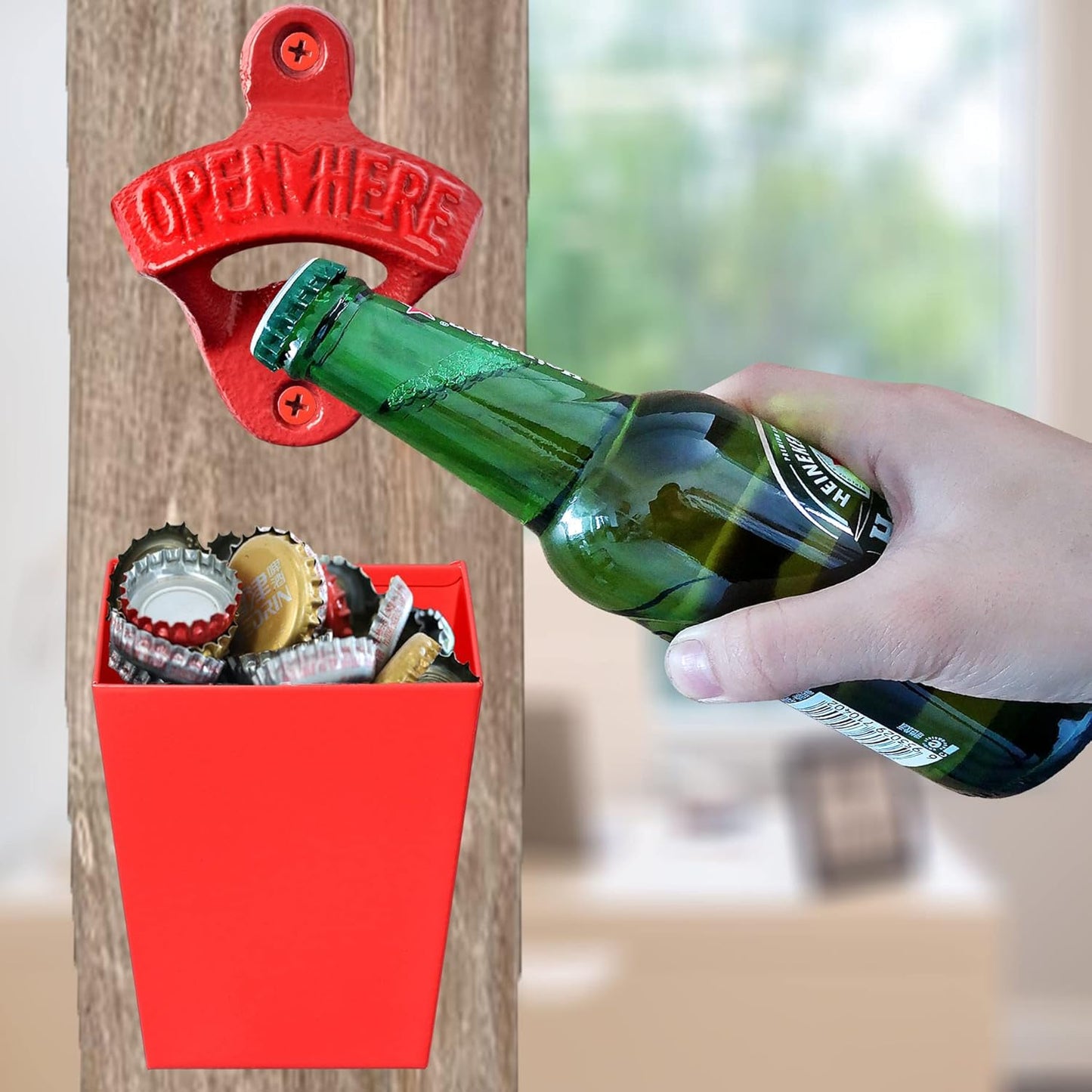 Satin Black Cast Iron Bottle Opener Wall Mounted with Bottle Cap Catcher Narrow
