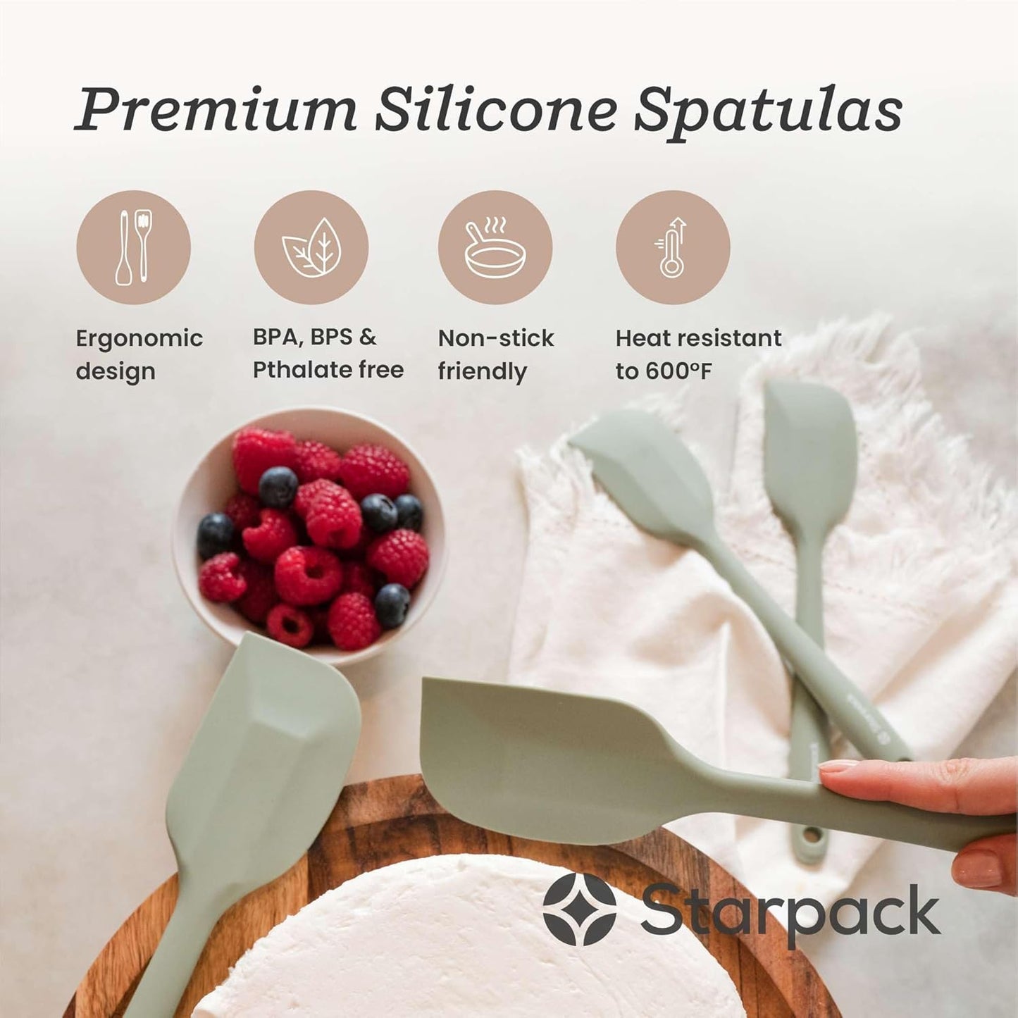 Starpack 'Scrape and Stir' Silicone Rubber Spatula Set (4-Piece) - LFGB Non Toxic, 600°F Heat Resistant, BPA-Free, One-Piece Kitchen Baking Spatulas - Dishwasher Safe for Nonstick Cookware Earthy Pink