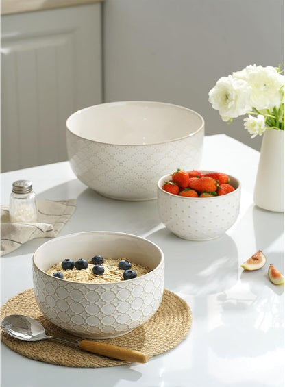 Ceramic Mixing Bowls, Embossed Nesting Bowls Set of 4, Mixing Bowl Set for Serving, Baking, Cooking and Gift, Microwave and Dishwasher Safe, 20/47/99/148 oz, Off-White