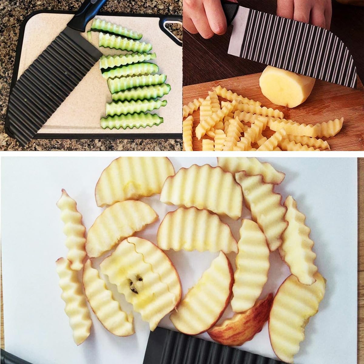 Crinkle Potato Cutter, Crinkle Cut Knife for Veggies French Fry Cutter, Kitchen Wavy Slicer Knife for Chopping Carrot Cucumber Stainless Steel Blade 2.9" x 11.8"