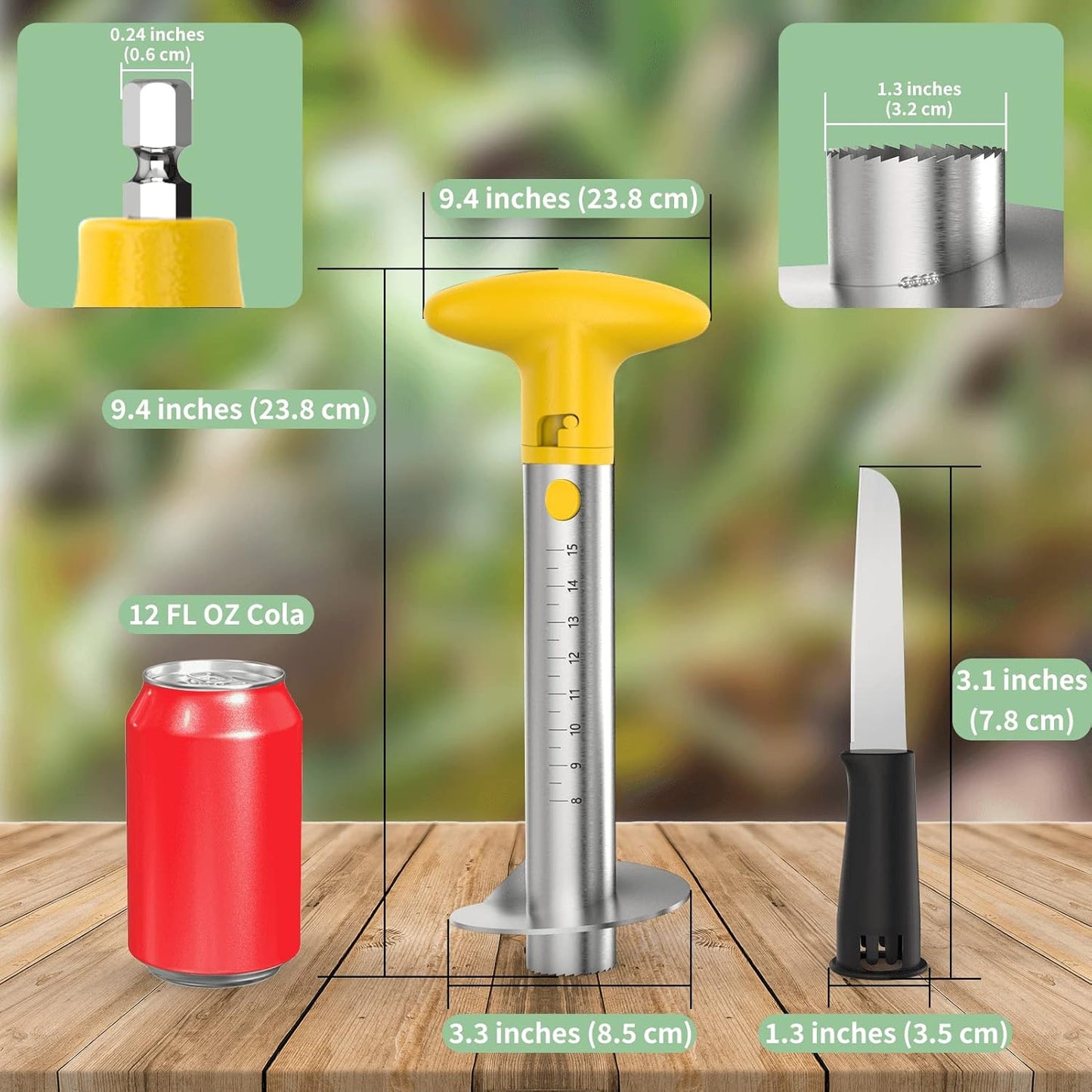 Newness Pineapple Corer with Knife, [Upgraded, Electric & Manual] Stainless Steel Fruit Pineapple Cutter with Electric Drill Accessory, Pineapple Slicer Remover Kitchen Tool with Measure Mark, Yellow