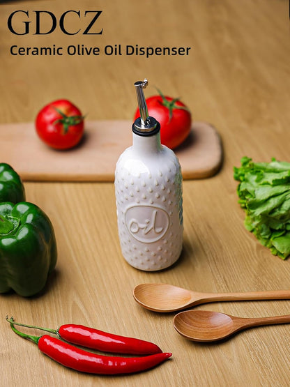 GDCZ Ceramic Olive Oil Dispenser Bottle, 13 Oz Relief Opaque Oil Cruet, Oil Dispenser for Kitchen Counter, for Storage Oil, Vinegar, Soy Sauce, Coffee Syrup, Liquids (Blue)