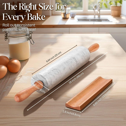 Flexzion Marble Rolling Pin Heavy Nonstick Stone Dough Roller - 10 Inch Polished Barrel with Wooden Handles & Cradle Stand for Baking Pastry Bread Pizza Cookies Pie Crust Pasta Tortillas (White)