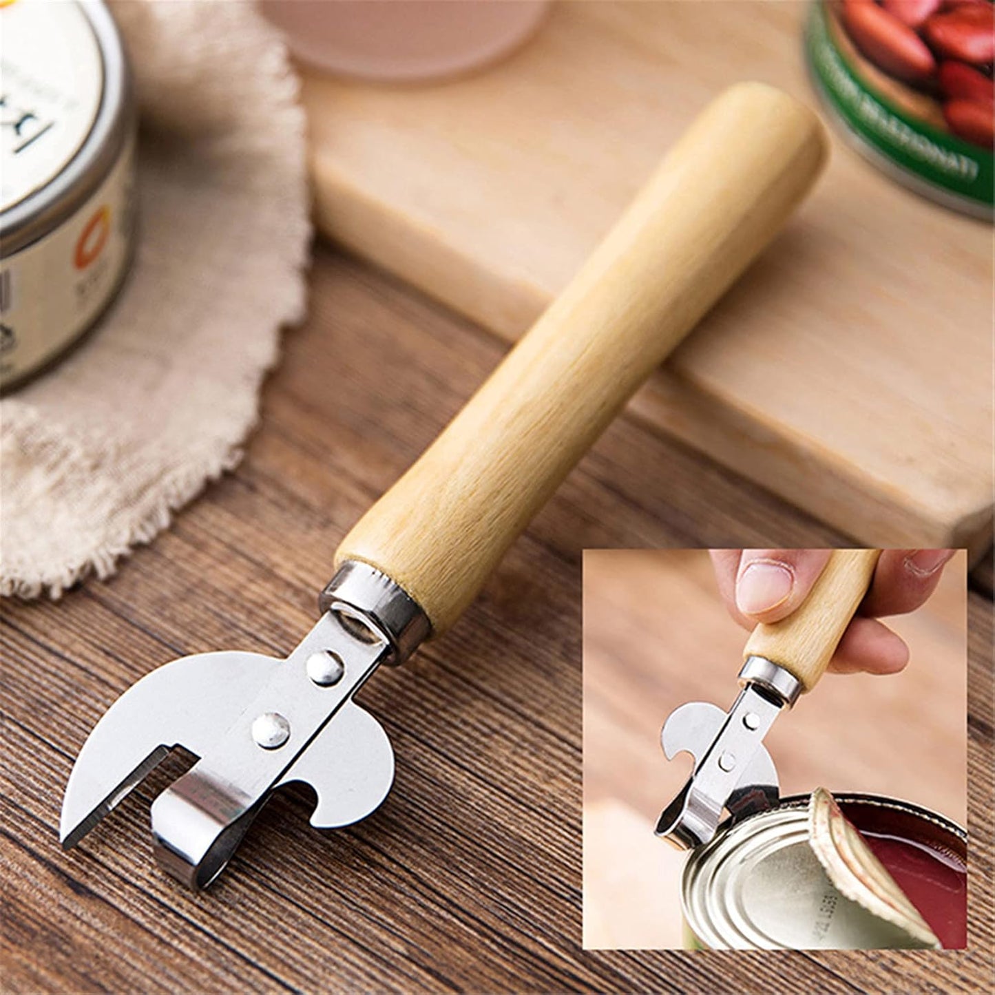Manual Can Opener with Wooden Handle Stainless Steel Convenient and Durable Manual Opener for Beer Bottle Household Kitchen Gadget Silver