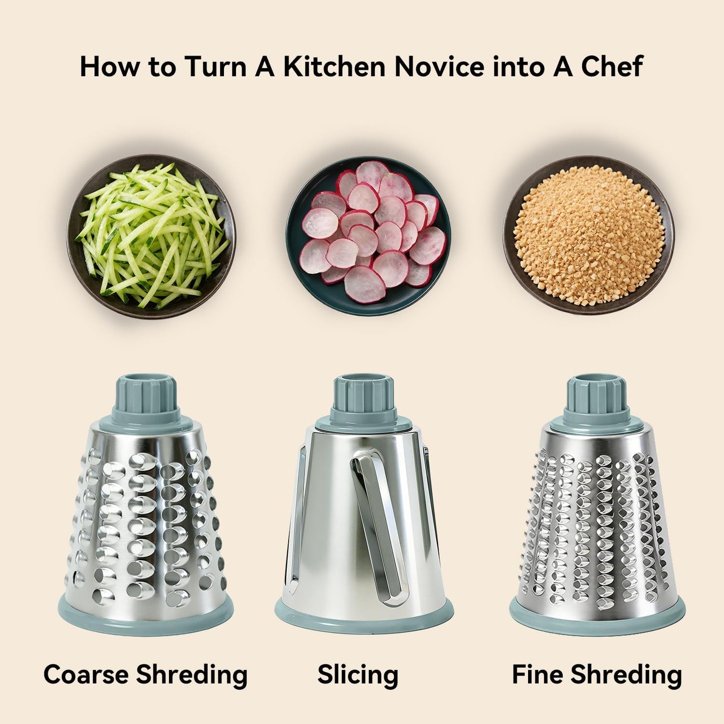Rotary Cheese Grater, 3-in-1 Manual Vegetable Slicer with Handle, Safer Kitchen Mandoline Shredder with Suction Base for Cheese, Nuts, Potatoes & Salads – Easy to Clean (Smoke Grey)