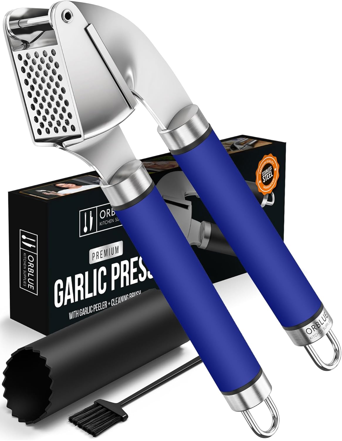 ORBLUE Garlic Press Stainless Steel - Premium Professional Grade Garlic Mincer, Crusher & Peeler Set - Easy Clean, Dishwasher Safe & Rust-proof