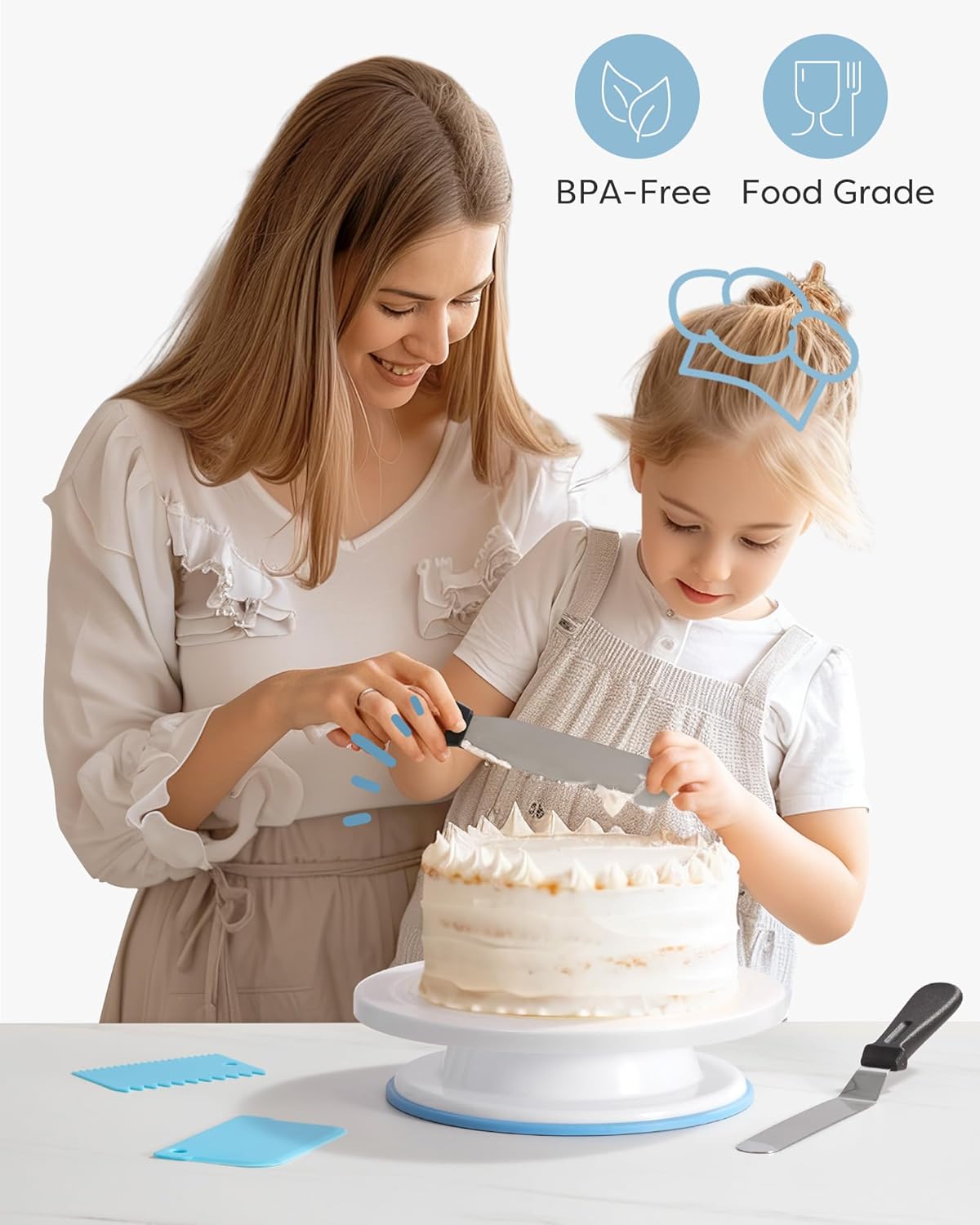 Kootek Cake Decorating Kit Baking Supplies Set Cake Turntable with 2 Frosting Straight Angled Spatula 3 Icing Smoother Scrapers Baking Accessories Tools for Beginners and Pros, Mother's Day, White
