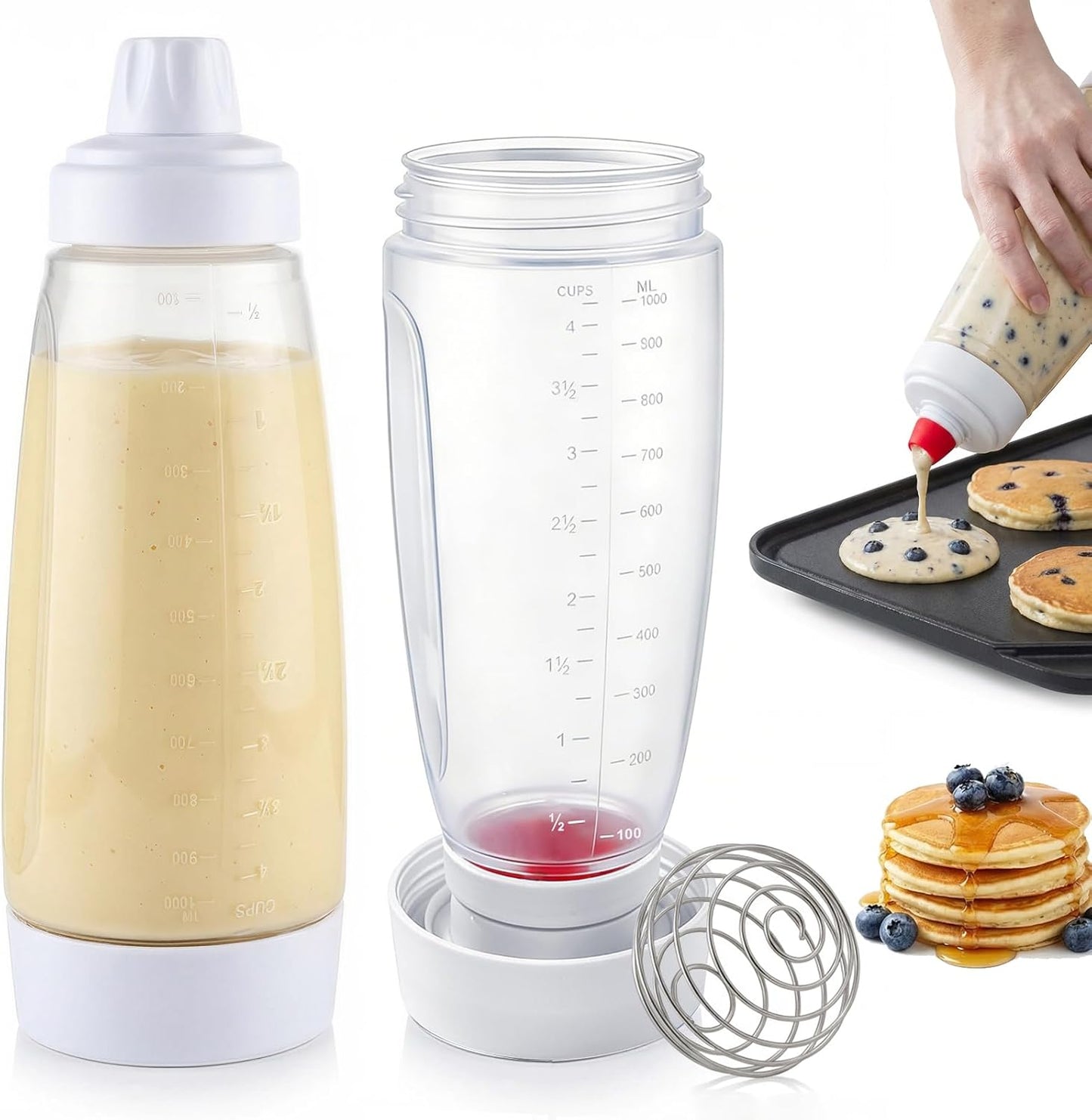 2 Pack Pancake Batter Dispenser & Mixer Bottle with Wire Whisk Ball - Squeeze Dispenser for Batter, Waffles, Cupcakes, Crepes - Heat Resistant Silicone Tip, BPA Free Baking Tool for Blackstone Griddle