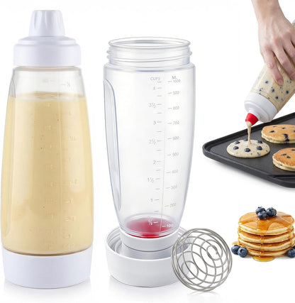 2 Pack Pancake Batter Dispenser & Mixer Bottle with Wire Whisk Ball - Squeeze Dispenser for Batter, Waffles, Cupcakes, Crepes - Heat Resistant Silicone Tip, BPA Free Baking Tool for Blackstone Griddle