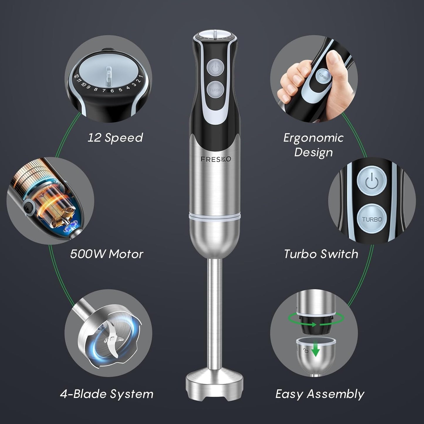 FRESKO Immersion Blender Handheld, Stainless Steel Hand Electric Stick Mixer with 12-Speeds & Turbo Mode, Powerful 500W Emulsion Blender with Beaker, Chopper & Whisk for Smoothie, Puree, Baby Food