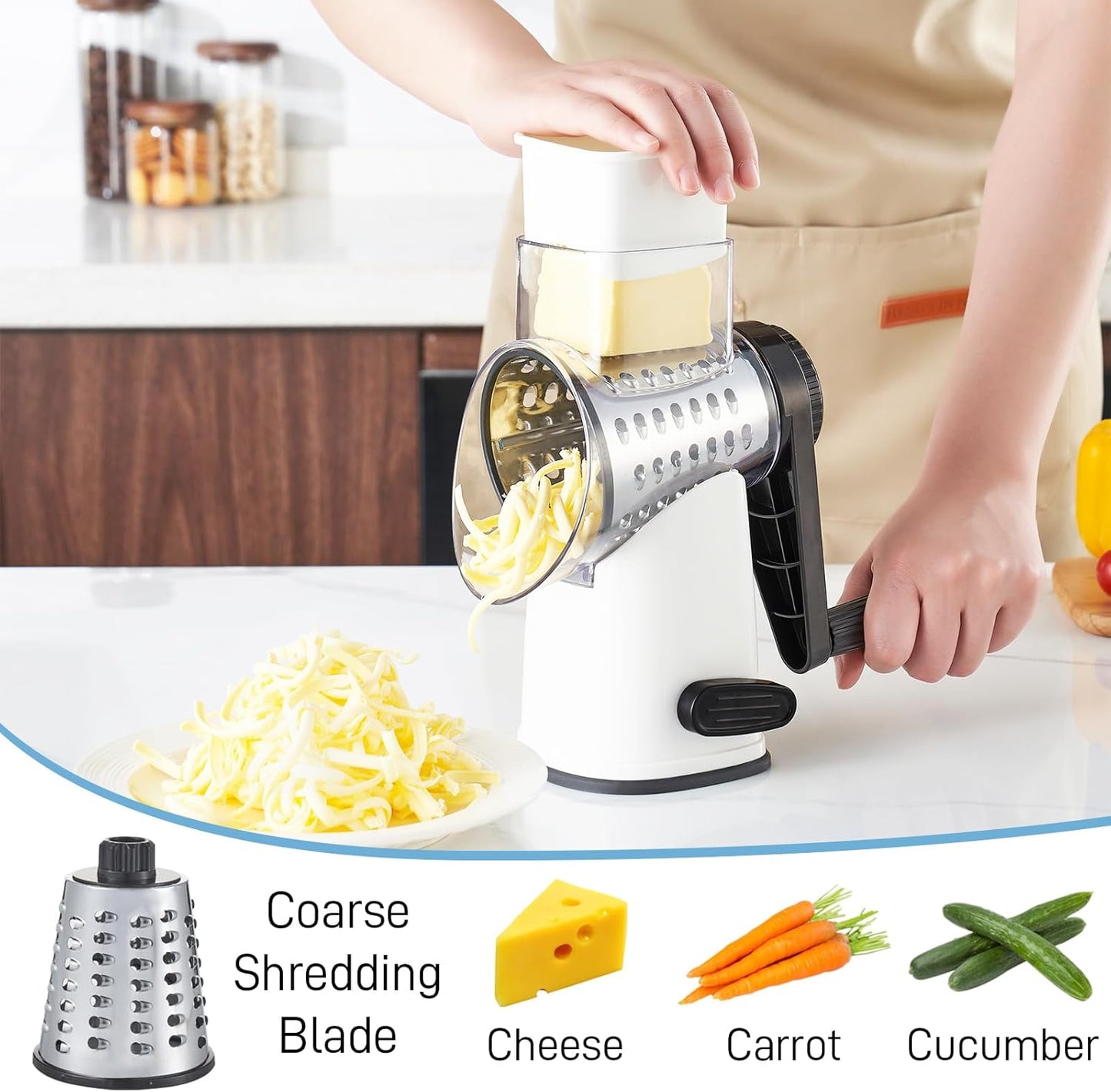 VEKAYA Rotary Cheese Grater Hand Crank with 4 Interchangeable Stainless Steel Blades, Large Manual Handle Shredder and Waffle Slicer for Vegetables, Cheese and Nuts with Table Suction Base(Blue)