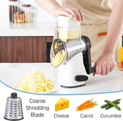 VEKAYA Rotary Cheese Grater Hand Crank with 4 Interchangeable Stainless Steel Blades, Large Manual Handle Shredder and Waffle Slicer for Vegetables, Cheese and Nuts with Table Suction Base(Blue)
