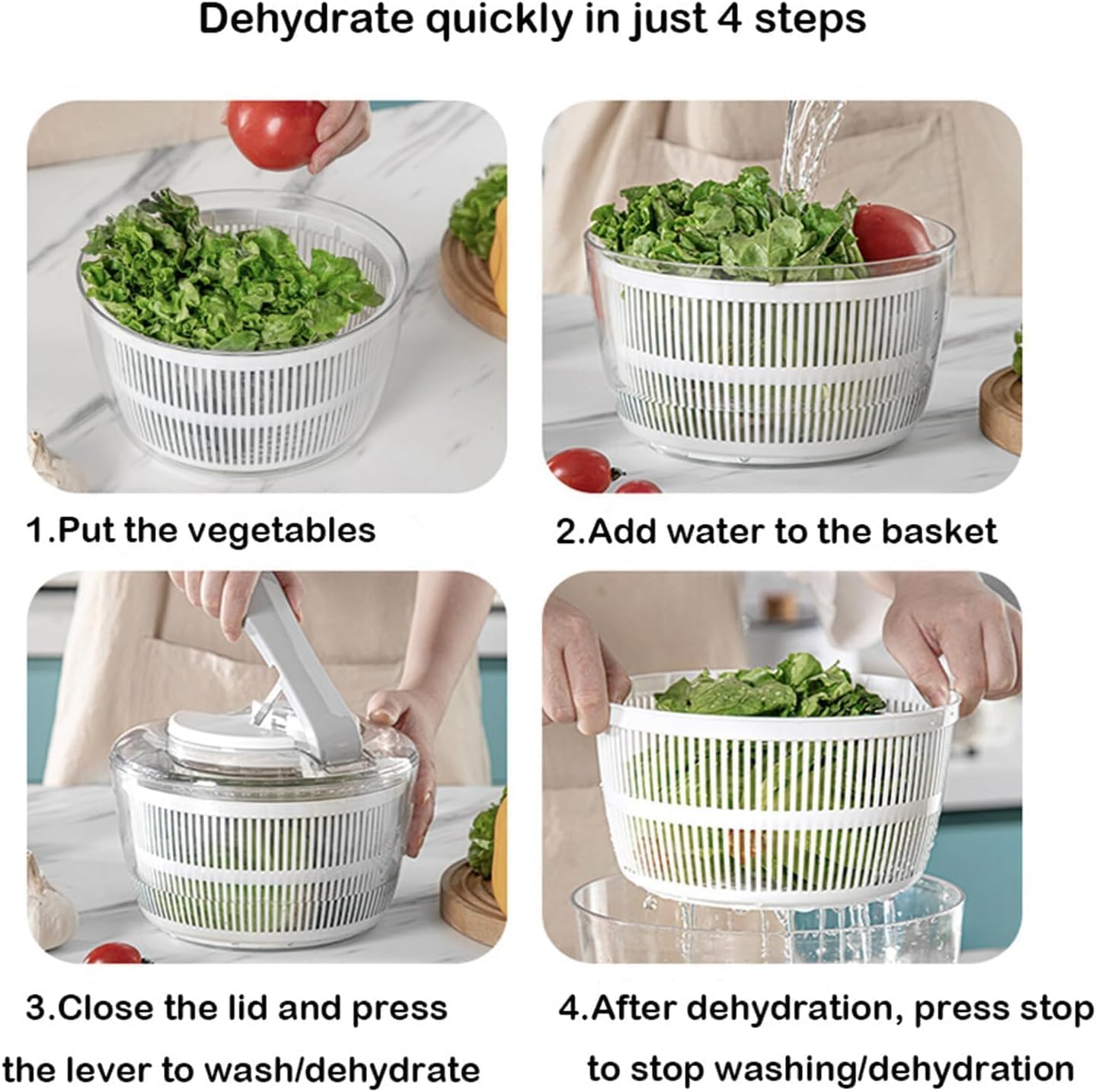 Salad Spinner with Colander and Draining System, 6.6 Quart Bowl, Green