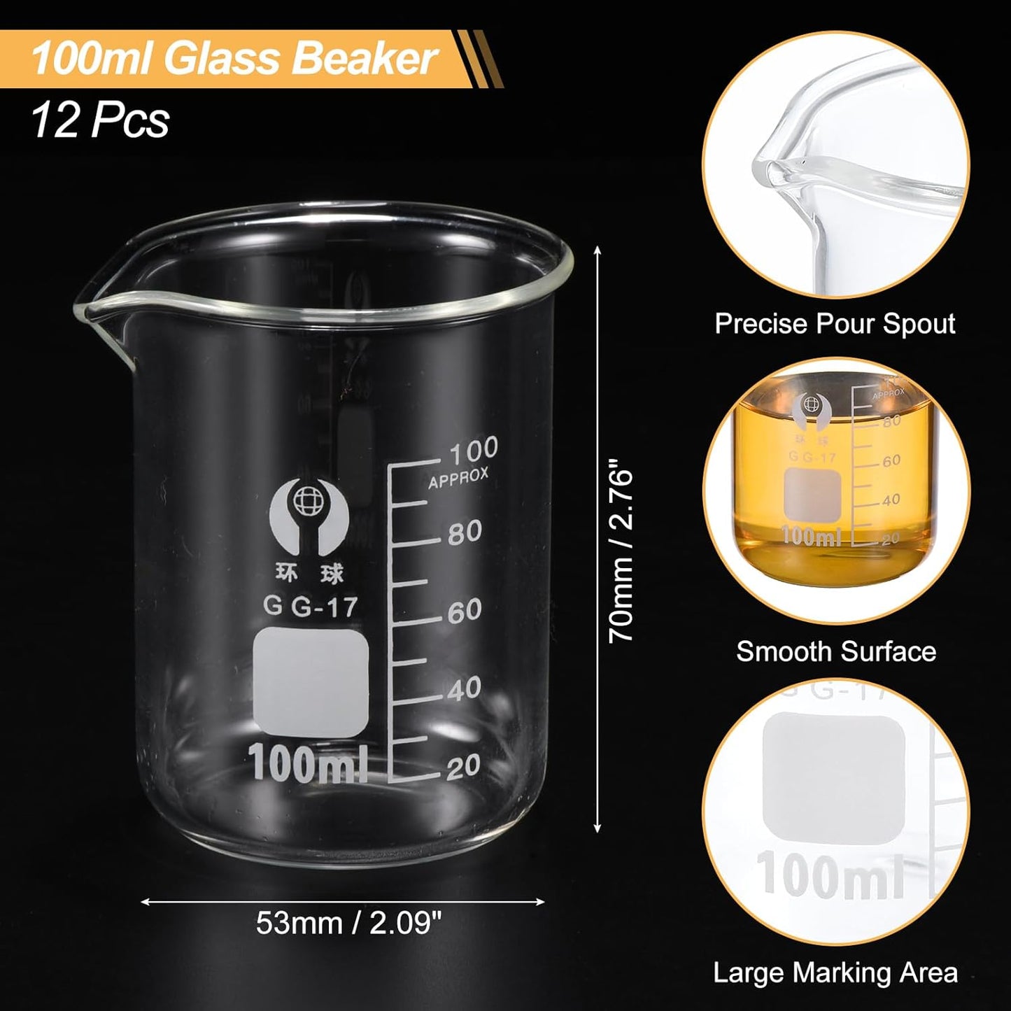 PATIKIL 50ml Low Form Glass Beaker, 12 Pack 3.3 Borosilicate Glass Graduated Printed Scale Measuring Cups with Spout for Kitchen Lab Liquids