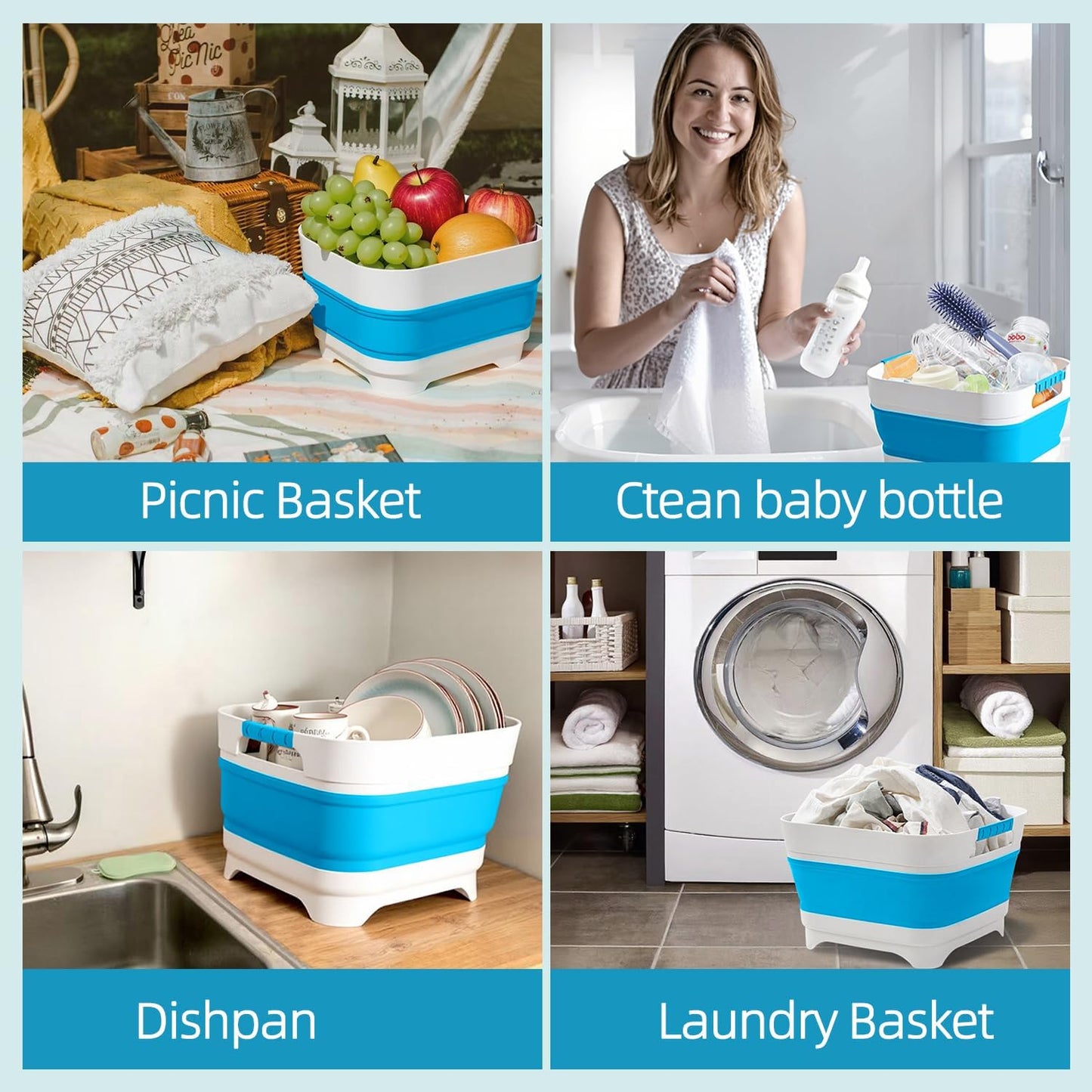 2.6 Gal/10L Collapsible Wash Basin with Drain Plug, Portable Foldable Dish Tub, Large Capacity Space-Saving Sink for Baby Bottles, RV, Camping, Kitchen, Travel & Outdoor Use