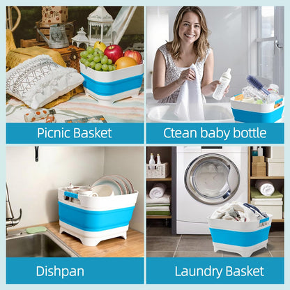 2.6 Gal/10L Collapsible Wash Basin with Drain Plug, Portable Foldable Dish Tub, Large Capacity Space-Saving Sink for Baby Bottles, RV, Camping, Kitchen, Travel & Outdoor Use