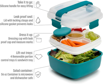 Goodful Stackable Lunch Box Container, Bento Style Food Storage with Removeable Compartments for Sandwich, Snacks, Toppings & Dressing, Leak-Proof and Made without BPA, 56-Ounce, Teal