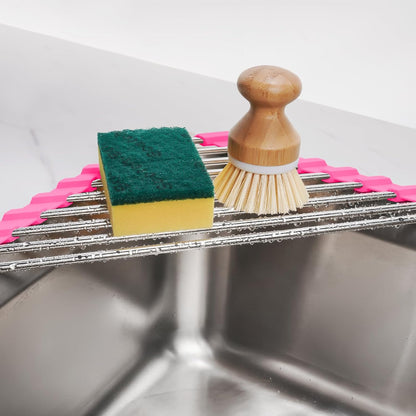 Tomorotec Triangle Foldable Dish Drying Rack, Small Roll-Up Stainless Steel Over Sink Drainer for Kitchen Sink Corner, Rustproof Multipurpose Organizer(Pink)