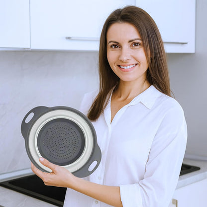 White Round Silicone Collapsible Colander – Silicone Round Kitchen Strainers with Plastic Handles Small Foldable Kitchen Strainer Perfect for Draining Pasta Vegetable and Fruit